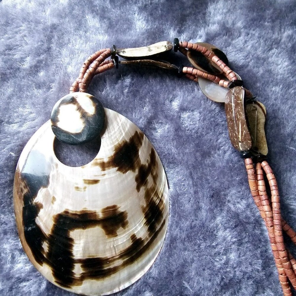 Mother of Pearl MOP Pendant with Wooden Beads Handmade Hand Crafted Necklace